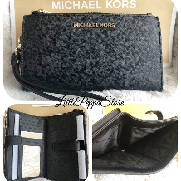 MICHAEL KORS DOUBLE ZIP WRISTLET WALLET BLACK - Picture 1 of 8